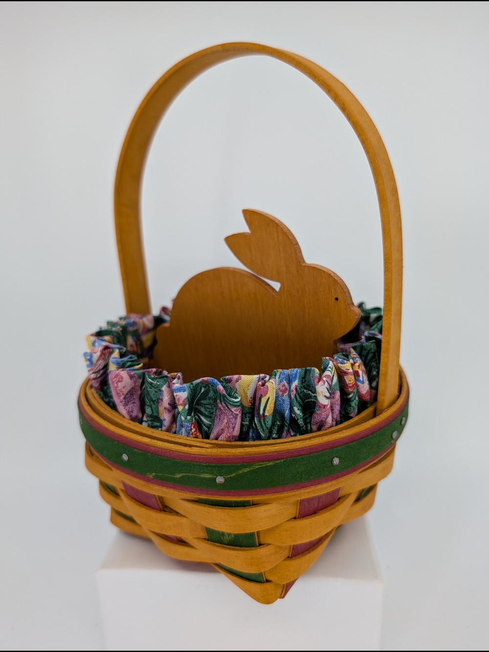 Longaberger 1999 Easter Basket, Egg Liner, Protector, Wood Bunny Pink & Green